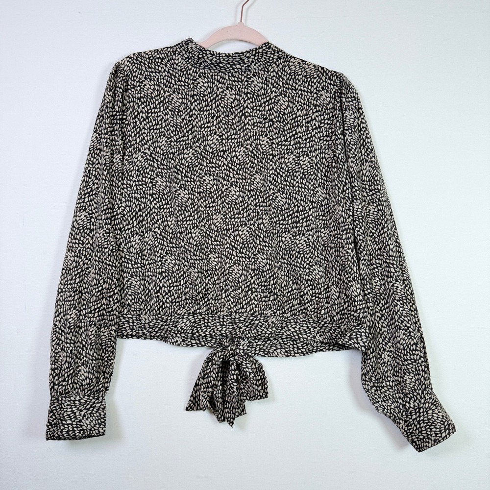 BANANA REPUBLIC Black Pebble Print Tie Front Long Sleeve Blouse XL
